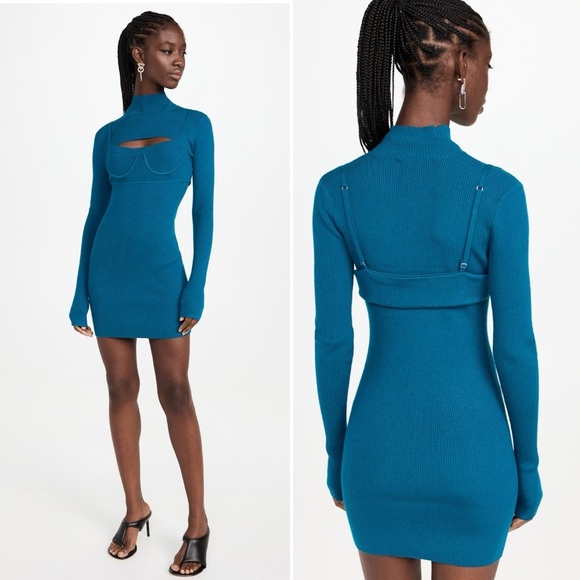 NWT MONSE Bra Short Knit Ribbed Layered Sweater Dress in Teal Blue size small - Picture 1 of 10